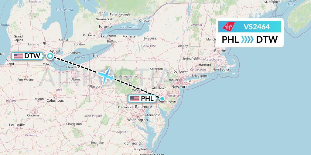 VS2464 Virgin Atlantic Airways Flight Map: Philadelphia to Detroit