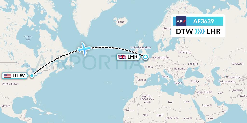 AF3639 Air France Flight Map: Detroit to London