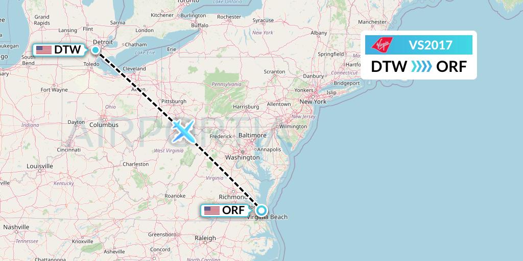 VS2017 Virgin Atlantic Airways Flight Map: Detroit to Norfolk