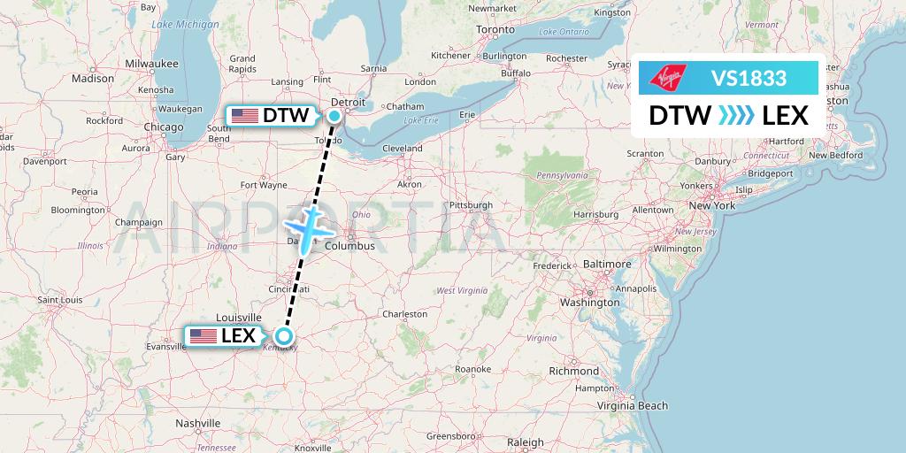 VS1833 Virgin Atlantic Airways Flight Map: Detroit to Lexington