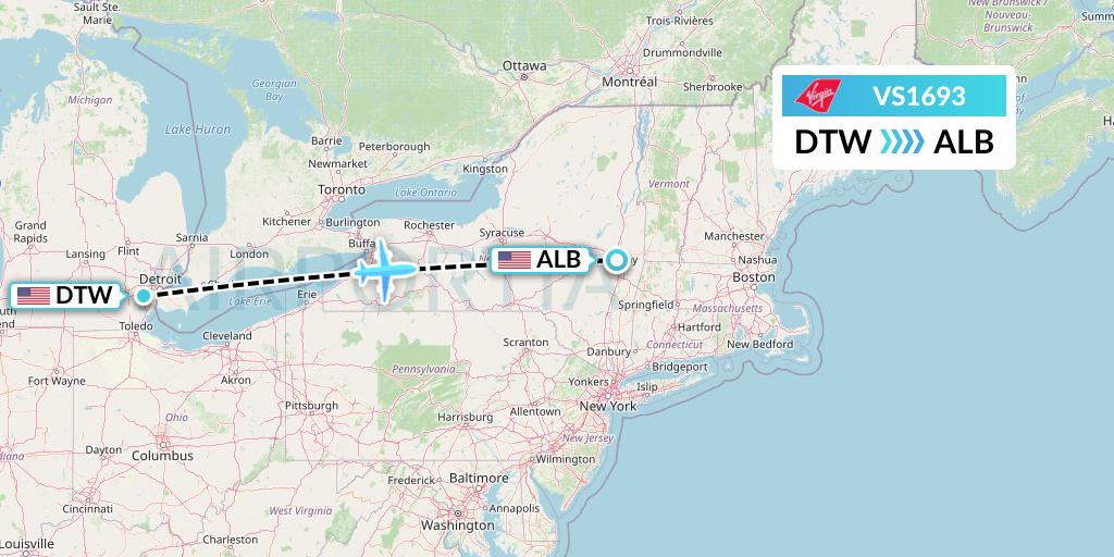 VS1693 Virgin Atlantic Airways Flight Map: Detroit to Albany