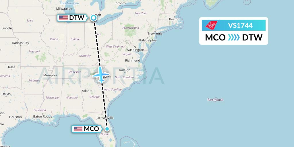 VS1744 Virgin Atlantic Airways Flight Map: Orlando to Detroit