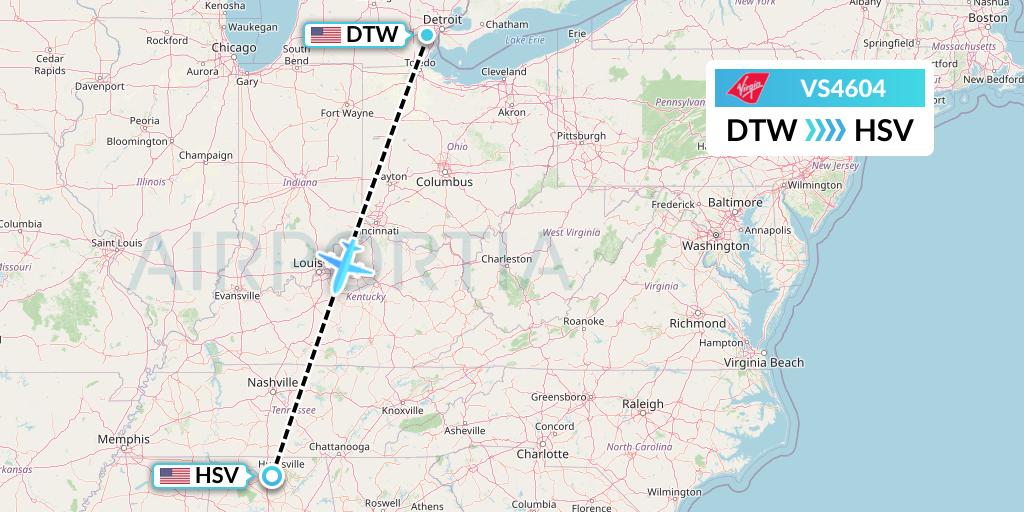 VS4604 Virgin Atlantic Airways Flight Map: Detroit to Huntsville