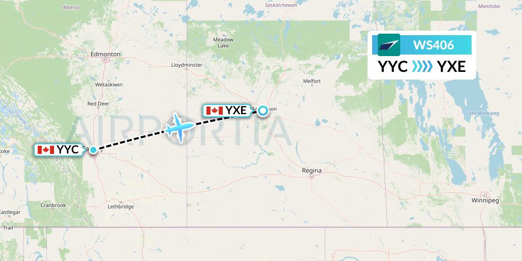 WS406 WestJet Flight Map: Calgary to Saskatoon