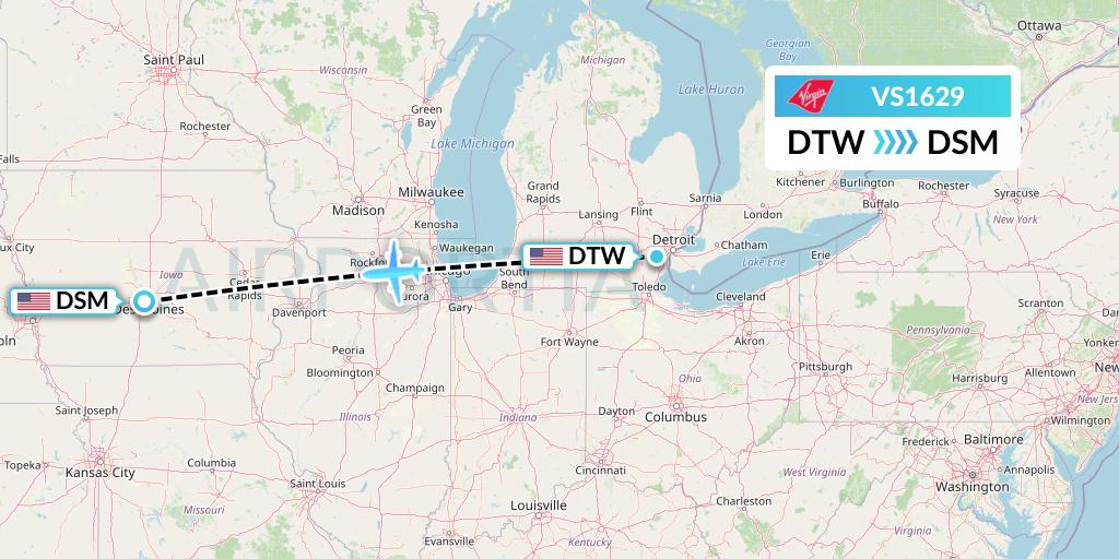 VS1629 Virgin Atlantic Airways Flight Map: Detroit to Des Moines