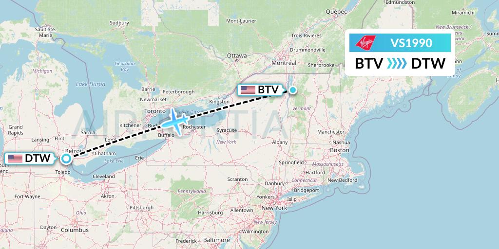 VS1990 Virgin Atlantic Airways Flight Map: Burlington to Detroit