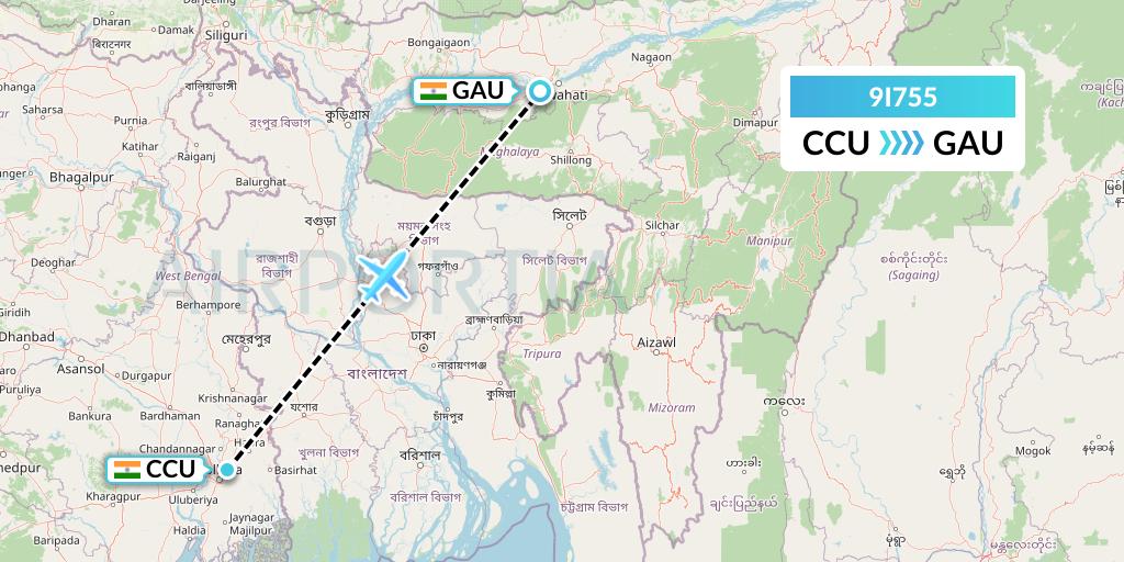 9I755 Air India Regional Flight Map: Kolkata to Guwahati