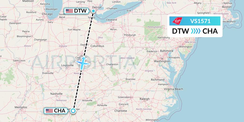 VS1571 Virgin Atlantic Airways Flight Map: Detroit to Chattanooga