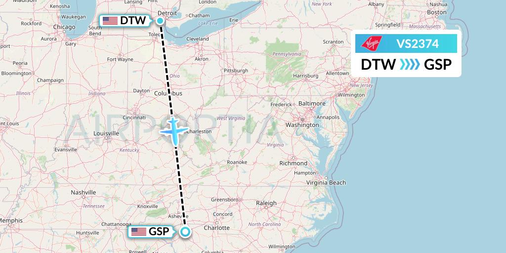VS2374 Virgin Atlantic Airways Flight Map: Detroit to Greenville-Spartanburg