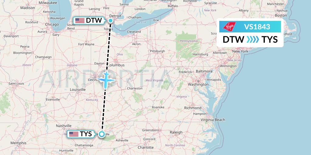 VS1843 Virgin Atlantic Airways Flight Map: Detroit to Knoxville