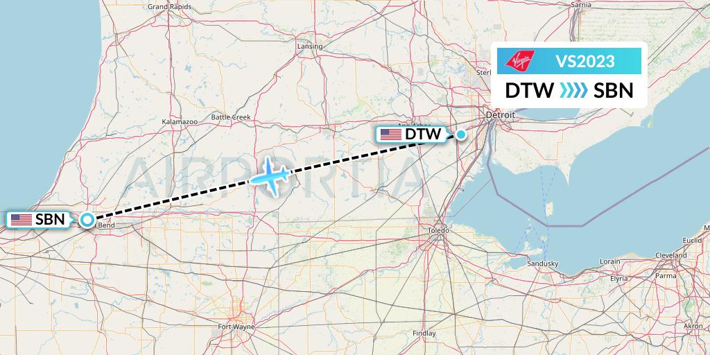 VS2023 Virgin Atlantic Airways Flight Map: Detroit to South Bend