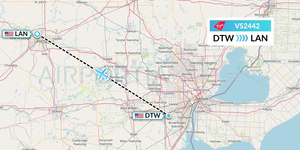 VS2442 Virgin Atlantic Airways Flight Map: Detroit to Lansing