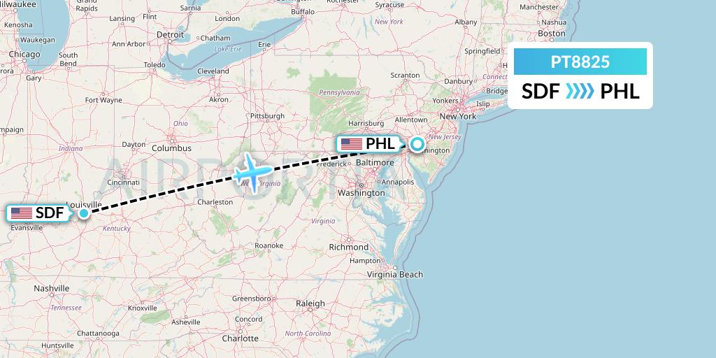 PT8825 Piedmont Airlines Flight Map: Louisville to Philadelphia