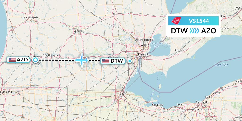 VS1544 Virgin Atlantic Airways Flight Map: Detroit to Kalamazoo