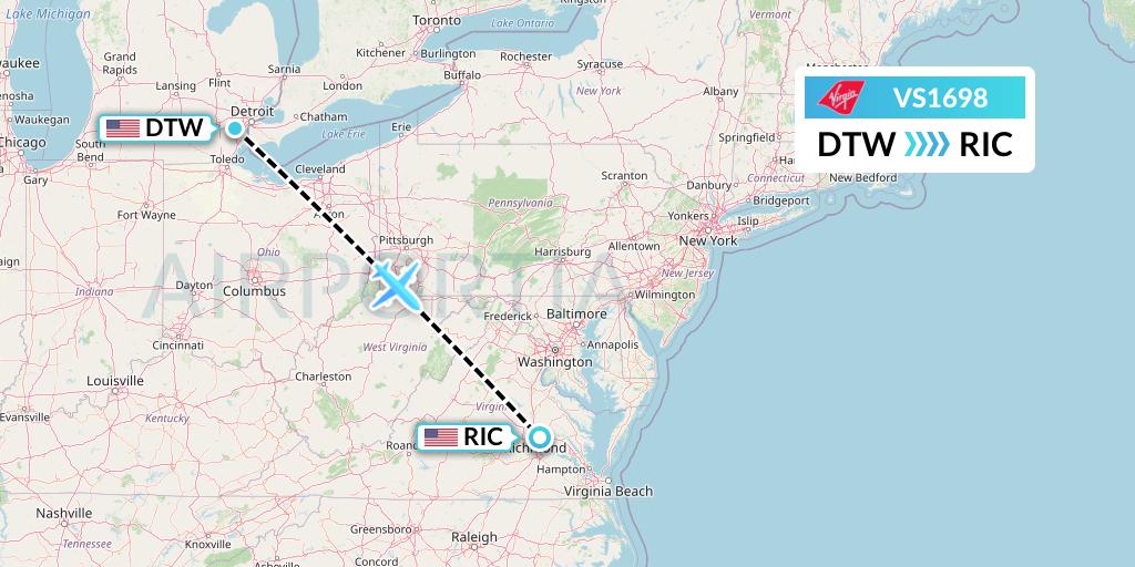 VS1698 Virgin Atlantic Airways Flight Map: Detroit to Richmond