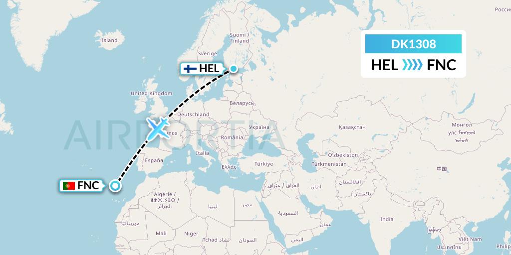 DK1308 Thomas Cook Airlines Scandinavia Flight Map: Helsinki to Funchal