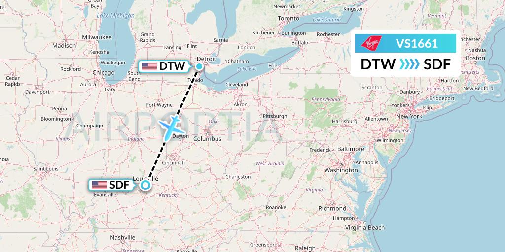 VS1661 Virgin Atlantic Airways Flight Map: Detroit to Louisville