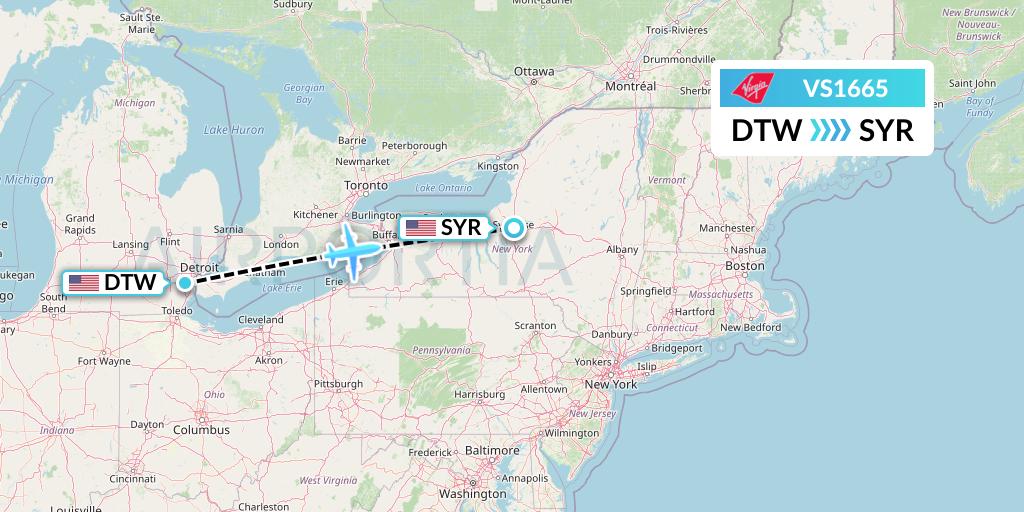 VS1665 Virgin Atlantic Airways Flight Map: Detroit to Syracuse