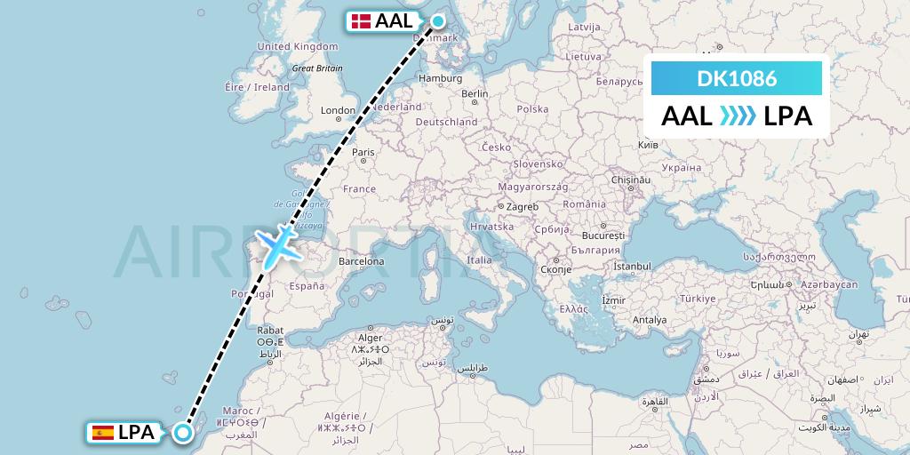 DK1086 Thomas Cook Airlines Scandinavia Flight Map: Aalborg to Las Palmas