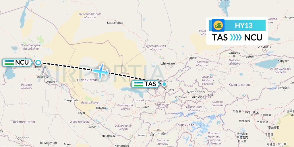 HY13 Uzbekistan Airways Flight Map: Tashkent to Nukus