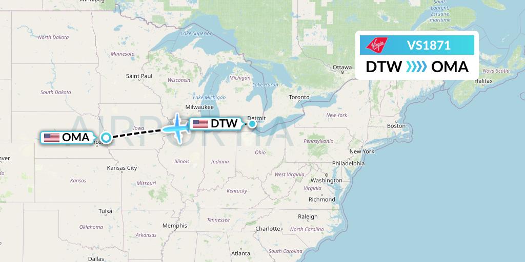 VS1871 Virgin Atlantic Airways Flight Map: Detroit to Omaha