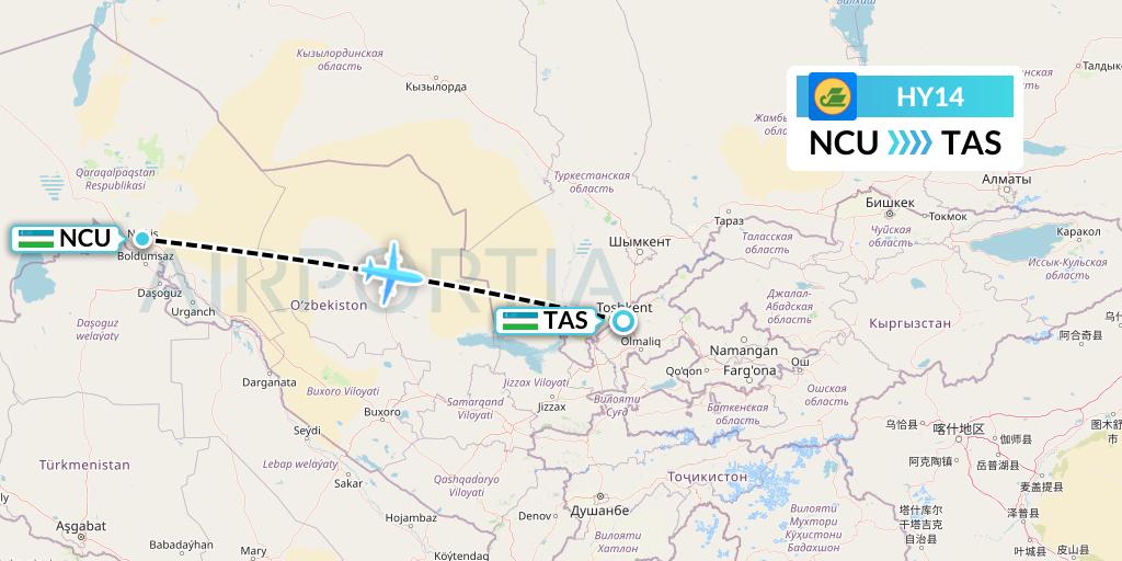HY14 Uzbekistan Airways Flight Map: Nukus to Tashkent
