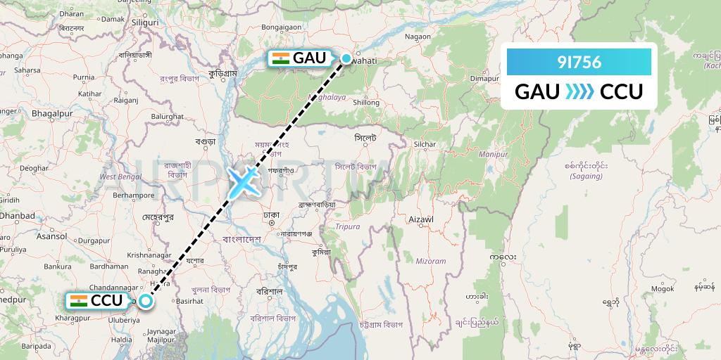 9I756 Air India Regional Flight Map: Guwahati to Kolkata