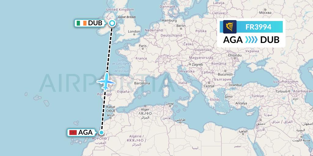 FR3994 Ryanair Flight Map: Agadir to Dublin