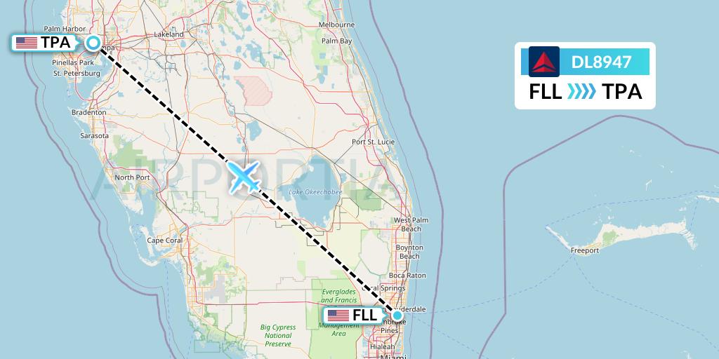 DL8947 Delta Air Lines Flight Map: Fort Lauderdale to Tampa