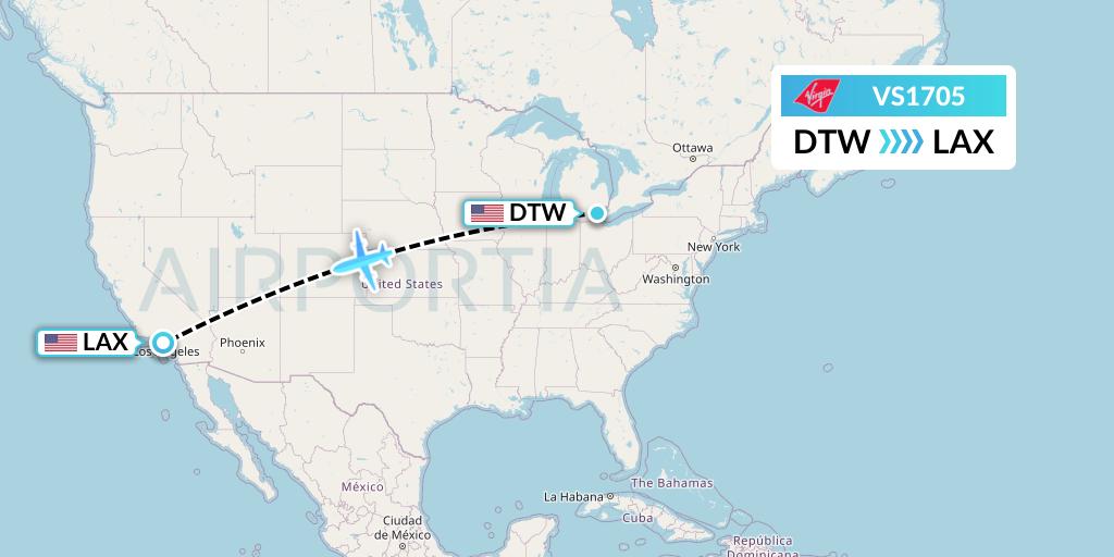 VS1705 Virgin Atlantic Airways Flight Map: Detroit to Los Angeles