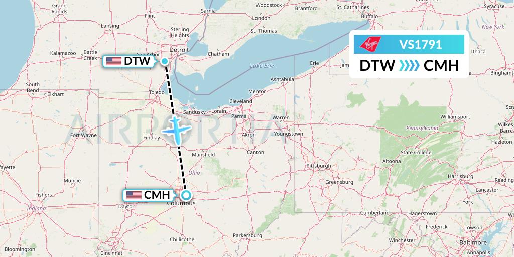 VS1791 Virgin Atlantic Airways Flight Map: Detroit to Columbus