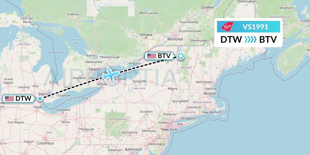 VS1991 Virgin Atlantic Airways Flight Map: Detroit to Burlington