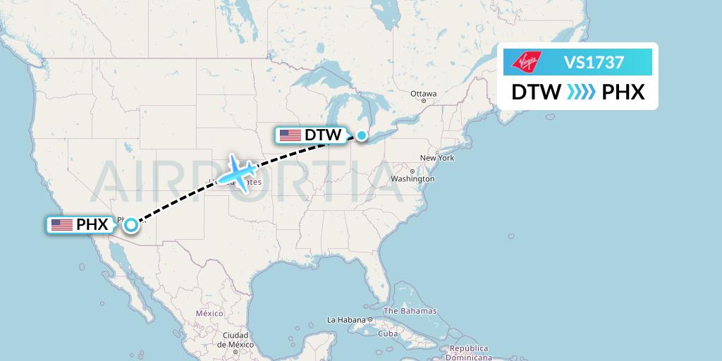 VS1737 Virgin Atlantic Airways Flight Map: Detroit to Phoenix