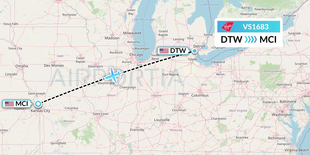 VS1683 Virgin Atlantic Airways Flight Map: Detroit to Kansas City