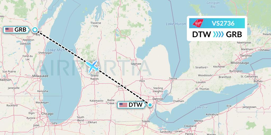 VS2736 Virgin Atlantic Airways Flight Map: Detroit to Green Bay
