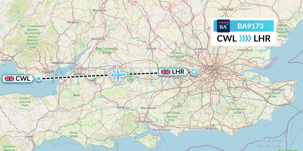 BA9173 British Airways Flight Map: Cardiff to London