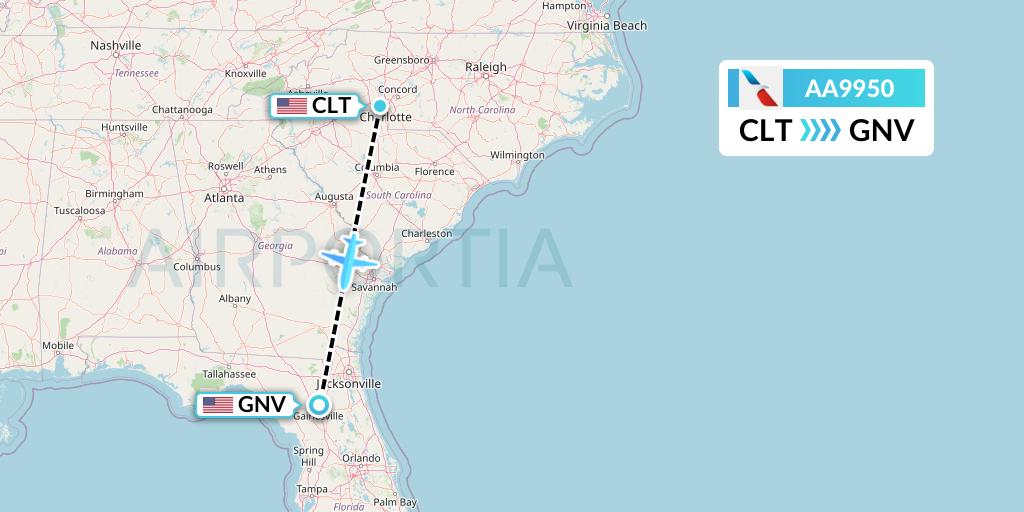 AA9950 American Airlines Flight Map: Charlotte to Gainesville