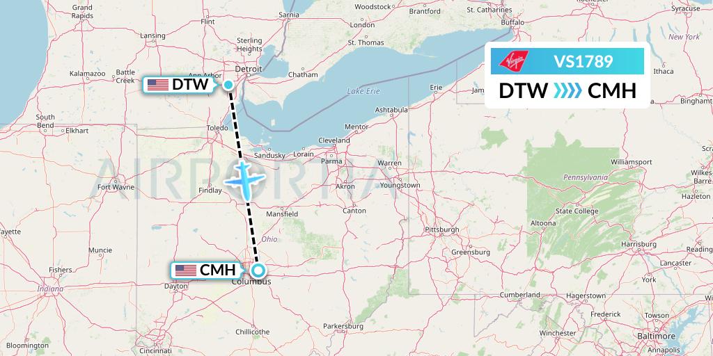 VS1789 Virgin Atlantic Airways Flight Map: Detroit to Columbus