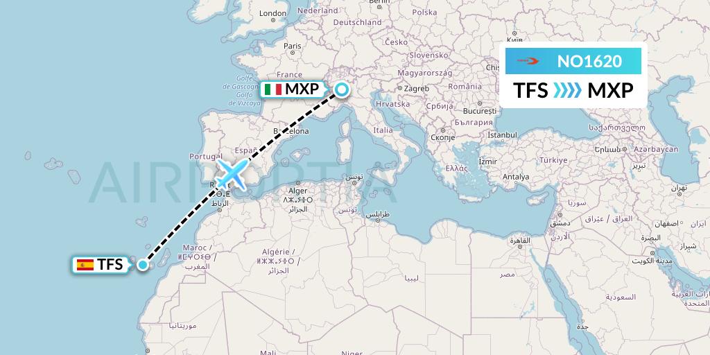 NO1620 Neos Flight Map: Tenerife to Milan