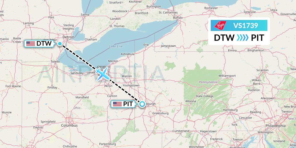 VS1739 Virgin Atlantic Airways Flight Map: Detroit to Pittsburgh