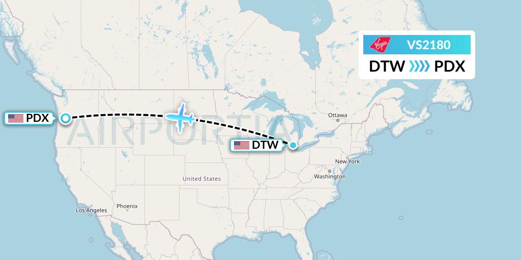 VS2180 Virgin Atlantic Airways Flight Map: Detroit to Portland