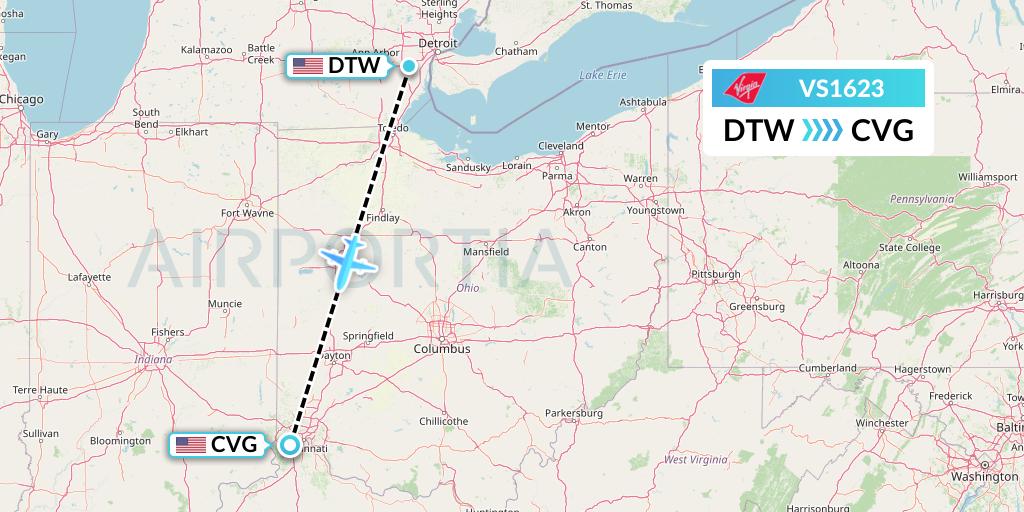 VS1623 Virgin Atlantic Airways Flight Map: Detroit to Cincinnati