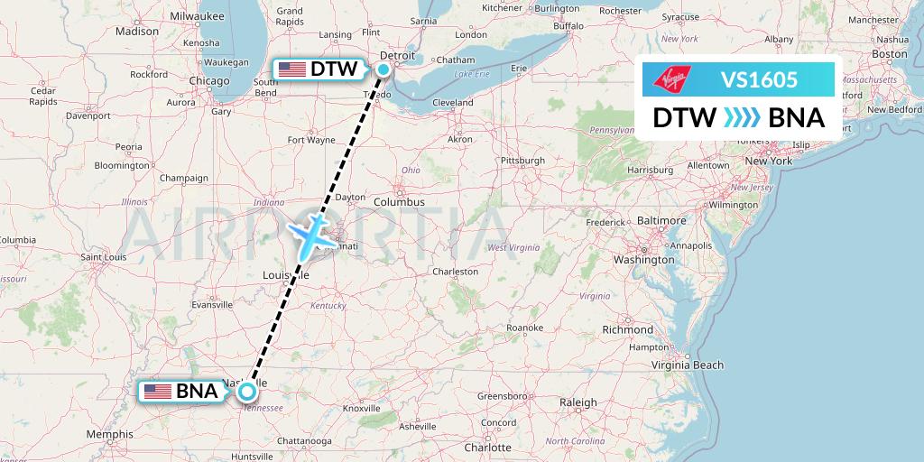 VS1605 Virgin Atlantic Airways Flight Map: Detroit to Nashville