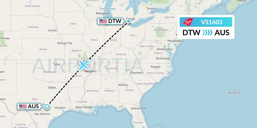 VS1603 Virgin Atlantic Airways Flight Map: Detroit to Austin