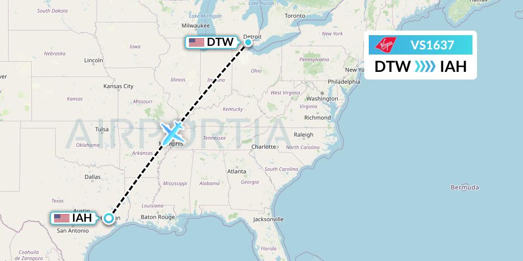 VS1637 Virgin Atlantic Airways Flight Map: Detroit to Houston