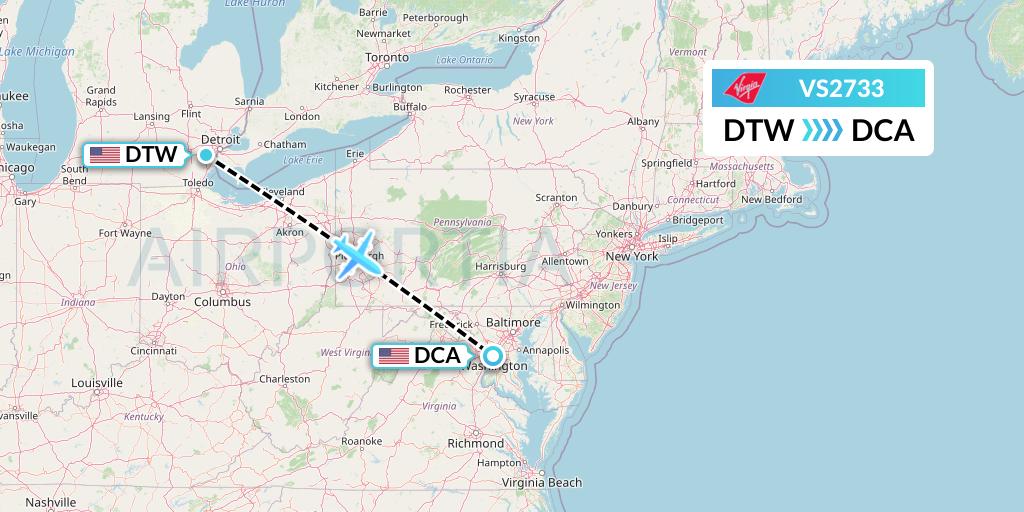 VS2733 Virgin Atlantic Airways Flight Map: Detroit to Washington