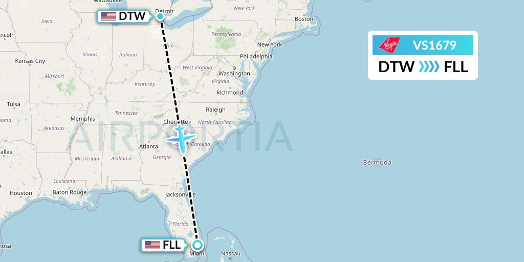 VS1679 Virgin Atlantic Airways Flight Map: Detroit to Fort Lauderdale