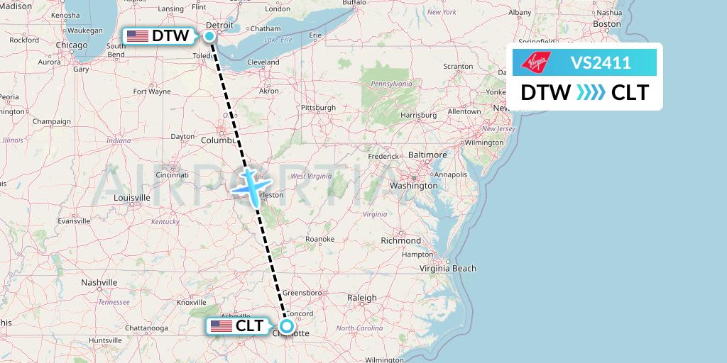 VS2411 Virgin Atlantic Airways Flight Map: Detroit to Charlotte