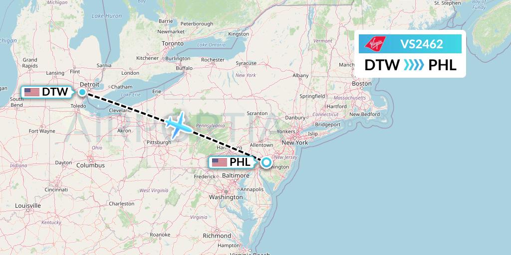 VS2462 Virgin Atlantic Airways Flight Map: Detroit to Philadelphia