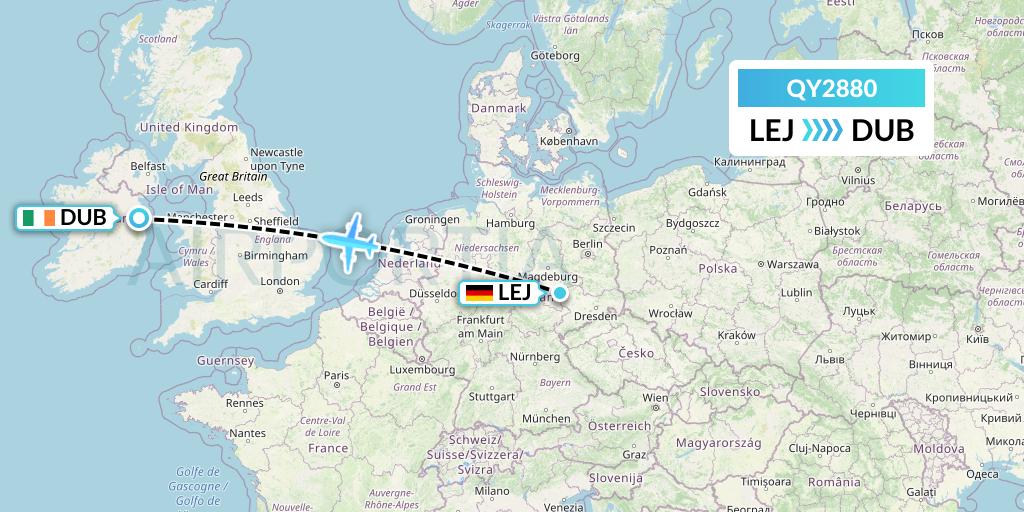 QY2880 European Air Transport Flight Map: Leipzig to Dublin